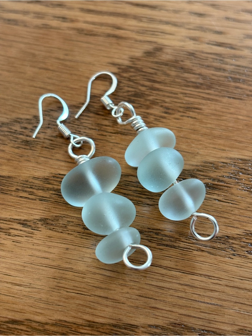 Hand Crafted Silver Plated Seafoam Blue Sea Glass Bead Drop Earrings